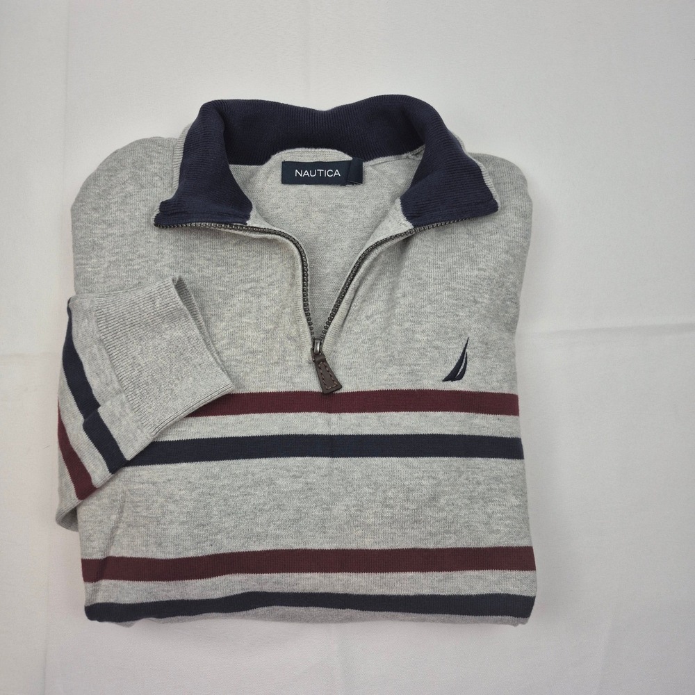 Nautica Men's‎ L Gray Striped Quarter Zip Pullover Sweater Logo Preppy Classic